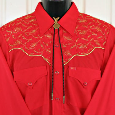 Ely Plains Vintage Western Men's Shirt, Cowboy & Rodeo, Embroidered Gold Metallic Leaf Designs, 15.5-34, Approx. Medium (see meas. photo) 