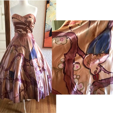 Out Of This World Vintage 1950's Hand Painted  Satin Two Piece Strapless  Dress with a full skirt! ---size Small 