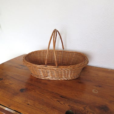 Vintage European Woven Wicker Rattan Market Harvest Basket Drop Handles Rustic Farmhouse Primitive 