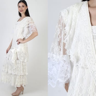 80s White Jessica McClintock Dress, Plain Lace Gunne Sax Gown, Victorian Style Large Collar, Garden Party Midi 9 10 