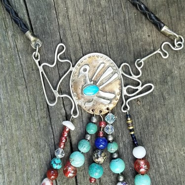 Boho Native American Necklace~Unique Beaded Necklace Focal Turquoise Pendant~Sterling Silver 925 & Brass~Blue Turquoise~JewelsandMetals 