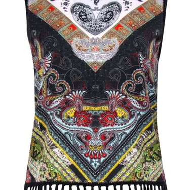 Alice & Olivia - Black & Multicolor Bohemian Print Knit Tank w/ Fringed Trim Sz S