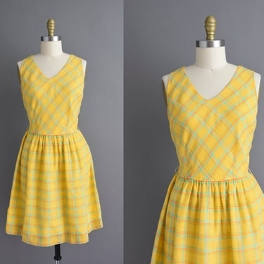 vintage 1960s dress | yellow & mint blue cotton plaid print sleeveless summer dress | Medium 