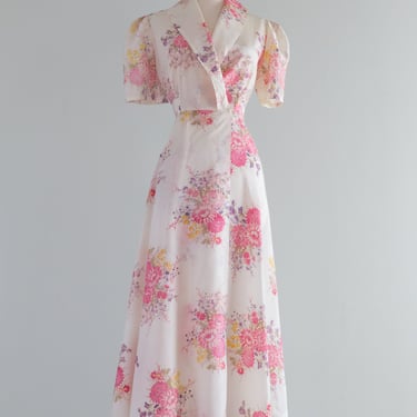 The Prettiest 1930's Floral Print Taffeta Dressing Gown / Medium