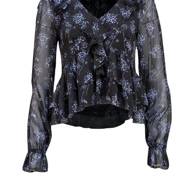 Cinq a Sept - Black and Blue Floral Ruffle Blouse Sz XS