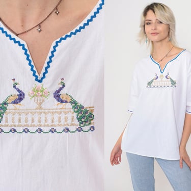 Embroidered Peacock Blouse 90s White Bird Tunic Top Lace Ric Rac Boho Hippie Shirt 1990s Bohemian Vintage Festival Large L 