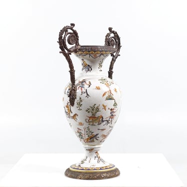 Ornate Bronze and Ceramic White Vase - mcm 