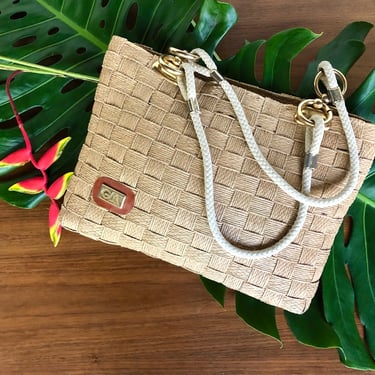 Vintage 100% Straw Woven Basket Weave Handbag/Tote with White Rope Handles Gold Harware Creazioni Rafaello Made in Italy Large Handbag/Tote 