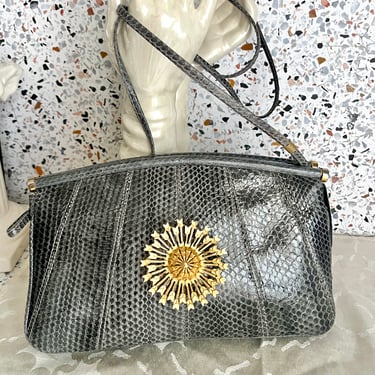 Vintage Reptile Purse, Cross Body Bag, Sculptural Sun Embellishment, Skinny Strap, Leather Lined 