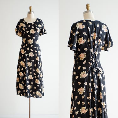 cute cottagecore dress 90s vintage black floral corset midi dress 