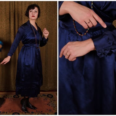 Vintage Edwardian Dress - Lustrous 1910s Dress of Royal Blue Silk Satin with Wrap Bodice and Sawtooth Trim 