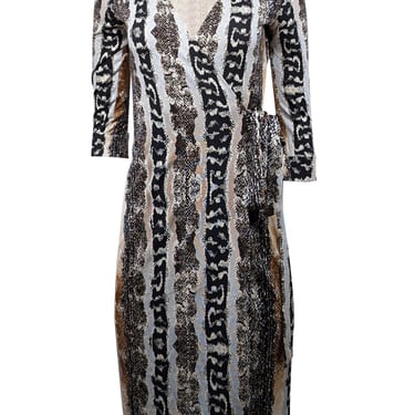 Diane von Furstenberg - Black, Brown, Blue, & White Snake Print Silk Wrap Dress Sz 2