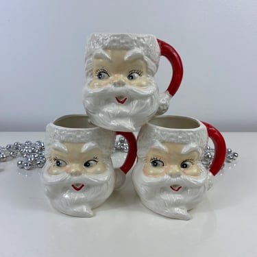 Vintage Hand Painted Santa Claus Mug Set of 3, Made in Japan, Adorable Kitschy Super Cute Santa Mugs, Ceramic Santa Face Mugs, Red Handled 