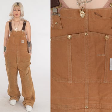 Carhartt Overalls 90s Brown Insulated Coveralls Cargo Dungarees Work Jumpsuit Pants Utility Quilted Lined Vintage 1990s Mens Medium 40 x 32 
