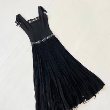 1980s Black Fringe Dress with Stud + Rhinestone Leather Trim 