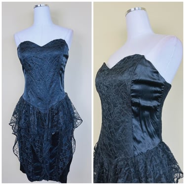 1980s Vintage Jennifer Goth Strapless Bustier Dress / 80s Black Lace Sweetheart Ruffle Witchy Dress / Size Medium - Large 