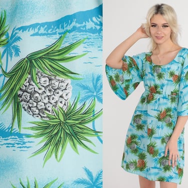 70s Babydoll Dress Hawaiian Pineapple Print Mini Dress Bell Sleeve Dress Blue Tropical Empire Waist 1970s Vintage Scoop Neck Hippie Medium 