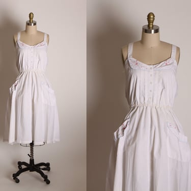 1970s White Criss Cross Back Sleeveless Floral Embroidered Pocketed Prairie Cottagecore Dress by Altogether Fashions -M-L 