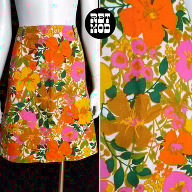 Mod Groovy Vintage 60s 70s Orange Gold Pink Flower Power Linen A-Line Skirt 