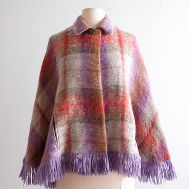 Vintage 1960's Meadow Plaid Handloom Woven Mohair Poncho / SM