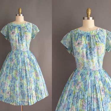 1950s dress | Mode O Day Blue Floral Print Pleated Full Skirt Shirtwaist Dress | Large | 50s vintage dress 