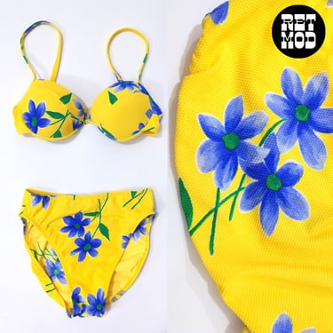 Iconic Vintage 90s Yellow Blue Floral Bikini with High Cut Legs 