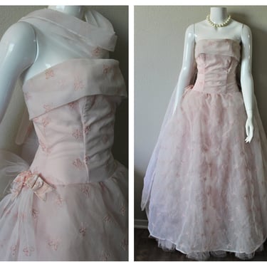 Vintage 1950s PINK Strapless embroidered butterflies Tulle Ruffled Layered Cupcake Prom Event Dress with wrap // US 2 4 xs s 