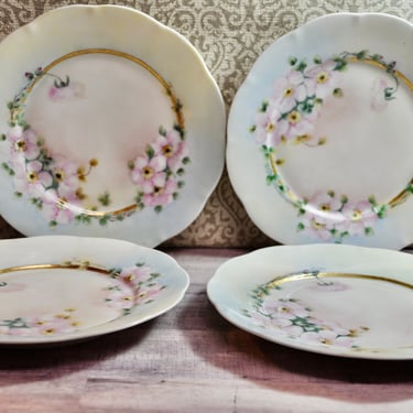 Antique Victoria Austria Porcelain Dessert Plates 1904 to 1918 Hand Painted Dogwood Flowers Gold Gilding 4 Dessert Plates Collectible RARE 