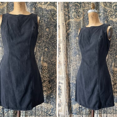 Vintage ‘90s Y2K MODA INT’L black denim mini dress | sleeveless fitted dress, S 