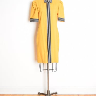 vintage 80s dress yellow striped trim bow puff sleeve secretary midi dress M clothing 