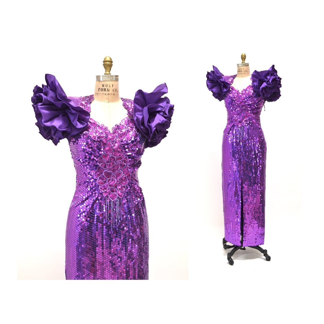 80s Vintage Purple Prom Dress Sequin Dress Evening Gown 80s Hooked on Honey Boca Raton FL