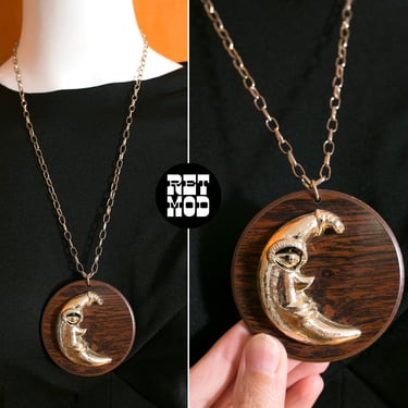 FANTASTIC Vintage 60s 70s Wood Medallion Necklace with Moon Face Profile 