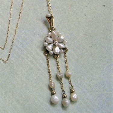 Antique 10K Gold Lavaliere Pendant With Pearls and Diamond, Antique Gold Lavaliere Pendant, Pearl Flower Pendant, Bridal Jewelry  (#4177) 