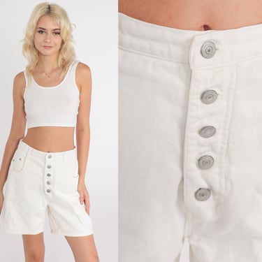 White Denim Shorts 90s Exposed Button Fly Jean Shorts High Waist Jean Mom Shorts Vintage 1990s Plain Basic Shorts Small 28 