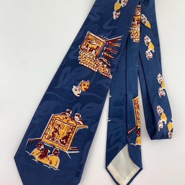 RARE... 1940's-50's Jacquard Printed Tie - Comedy/Tragedy - Novelty Theater Images - Deep Blue with Gold & Rust Colors 