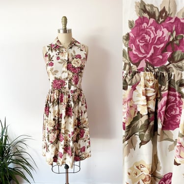 SIZE XS/S Pink Rose Floral Dress, 1990s Vintage 80s Rayon Sun Dress - Babydoll Shirt Dress Pearl Buttons 