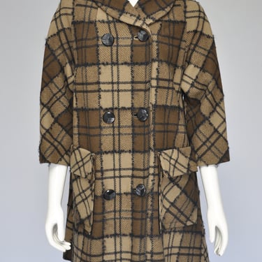 1960s brown mod plaid coat with pockets S-L 