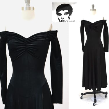 90s Vintage Black Velvet Dress Betsey Johnson XS Small //  90s Party Dress Knit Velvet Black dress Long Sleeve Skater Off the Shoulder 