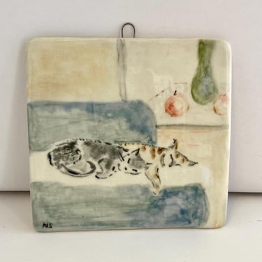 Cat Painting on a Ceramic Tile | Hand-painted Still Life with Cats Sleeping | Ceramic Art Miniature Vignette | Wall Art to Hang 