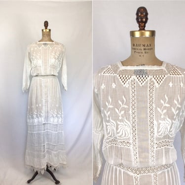 Vintage Edwardian dress | Antique white embroidered cotton lawn dress | 1910s white cotton summer dress 