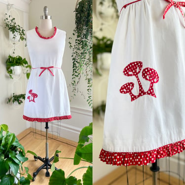 Vintage 1970s Sundress | 70s Mushroom Novelty Print Appliqué White Cotton Red Polka Dot Fit and Flare Knee Length Mini Dress (medium/large) 