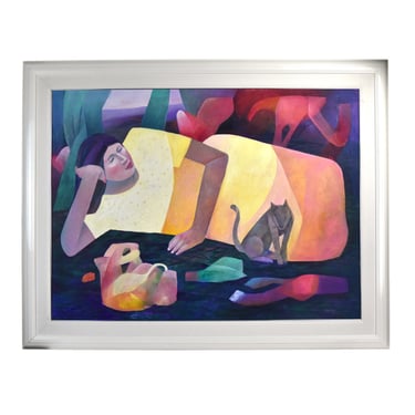 Mario Cespedes “Mujer Reposando” Woman Lying Down w Cats Cubist Painting 