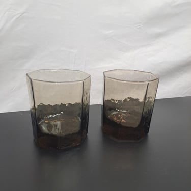 Vintage 80s Dark Brown Octagon Drinking Glasses, Set of 2 