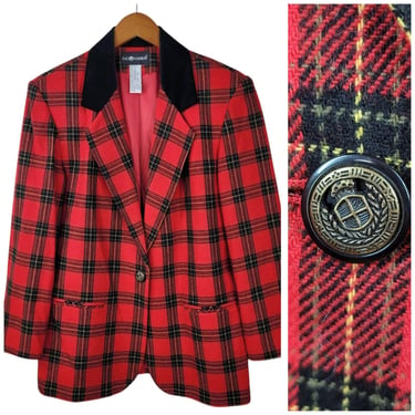 Vintage Wool Blazer Jacket size 12 Tartan Plaid Red Black Velvet Collar Holiday 