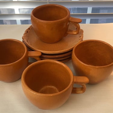 Gracetone (Frankoma) Orbit – Set of 4 Cups and Saucers in Cinnamon – Excellent Condition 