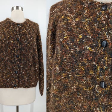 Vintage 90s Paul Et Duffier Medium Brown Mohair Blend Cardigan Sweater 
