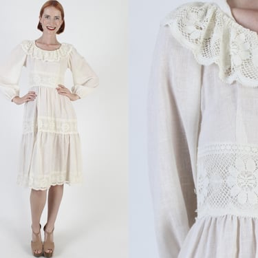 Cream Lace Boho Wedding Dress, Puff Sleeve Monochrome Full Skirt, Vintage 70s High Waisted Cottagecore Style 