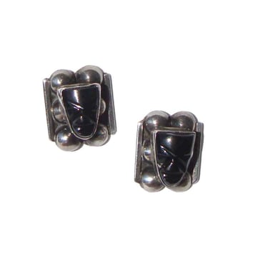 Vintage 40s Mexican Earrings Sterling Silver & Onyx Mask Faces 