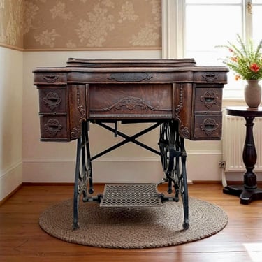 Antique White Rotary Treadle Sewing Machine in Ornate Cast Iron Cabinet Table - Original Manual & Accessories – USA Made 