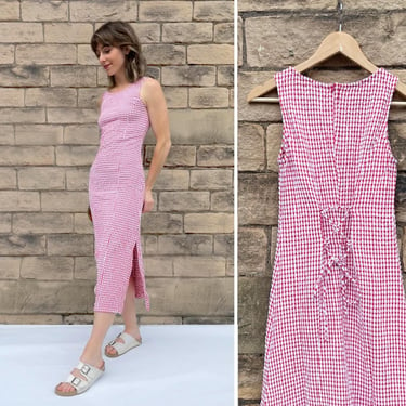 French Gingham Maxi Dress Vintage Style Seersucker Check Full Length Midi - Adjustable - Sleeveless 